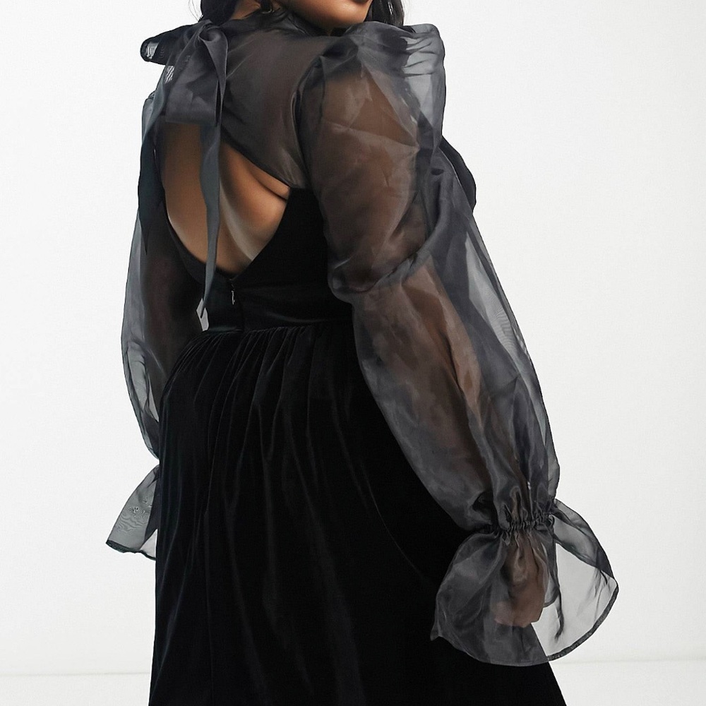 ASOS plus size velvet mini dress with high neck and sheer sleeves size 18. - Picture 3 of 3